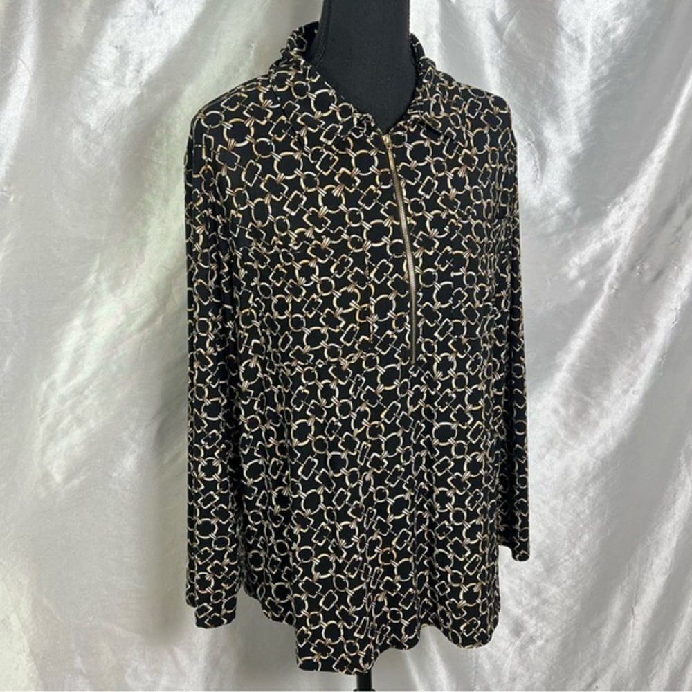 Jones Studio Black & Gold Chain Print Stretch Blouse – Luxe Baroque Glam 2X